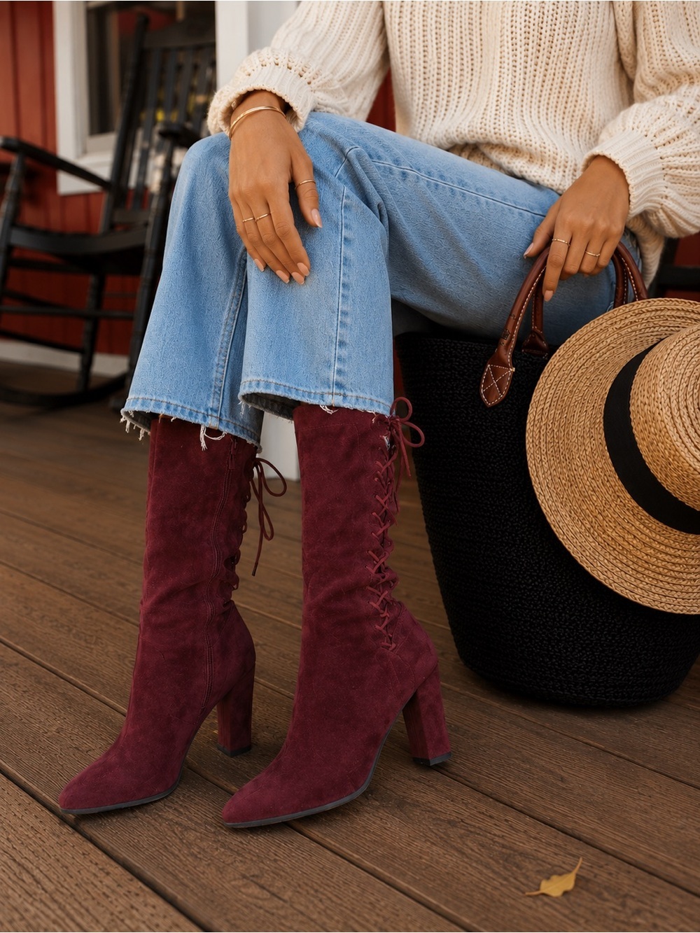 TOP Moda Over-the-Knee Lace-Up Suede Boots in Burgundy